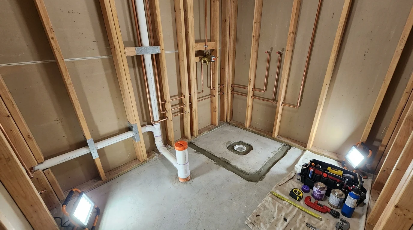 Bathroom rough-in plumbing during remodel by Johns Plumbing LLC in Lecompte