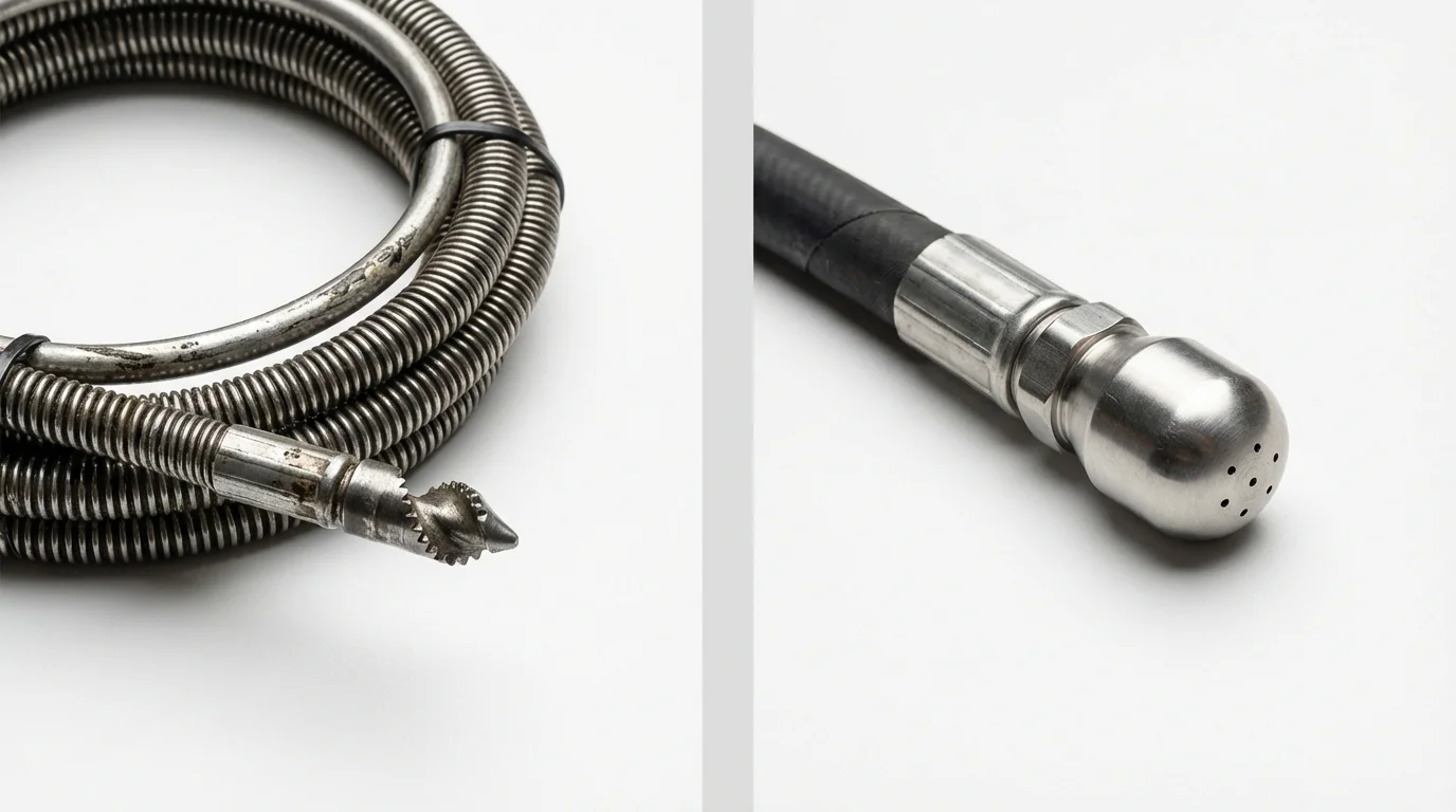 Drain snake cable and hydro jetting nozzle used for drain cleaning in Lecompte, LA