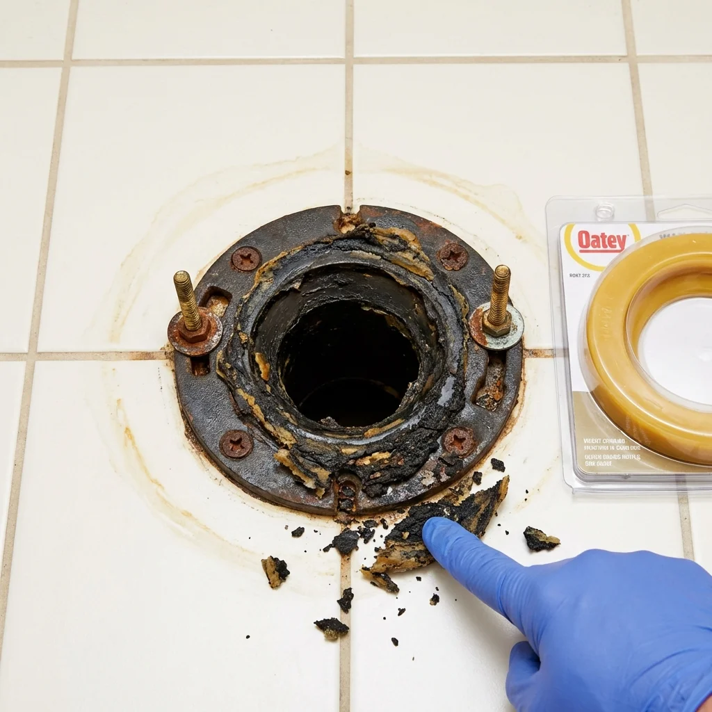 Failed wax ring showing water seepage at the base of a toilet in a Lecompte, LA home