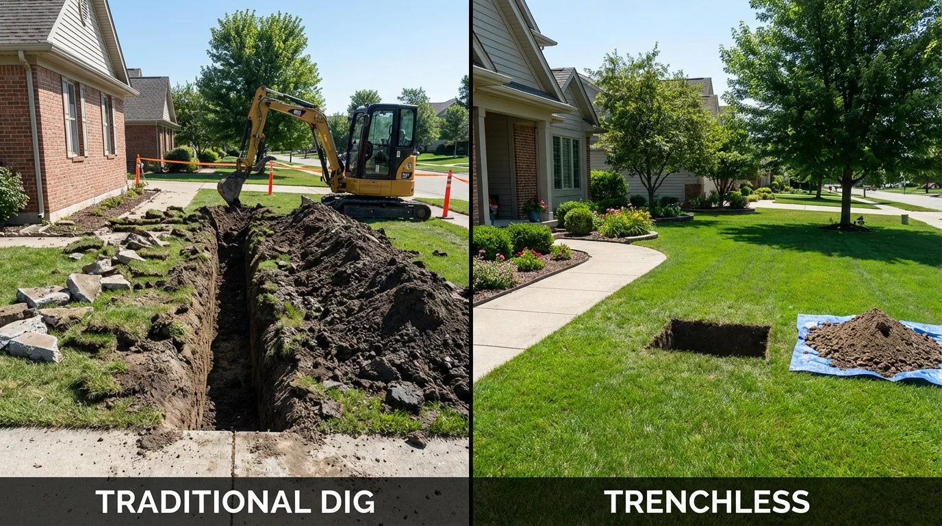 Trenchless sewer repair with minimal yard damage versus traditional excavation in Lecompte, LA