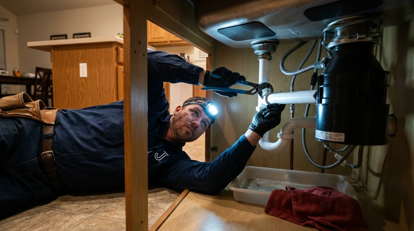 P-trap and supply line connections under a kitchen sink showing a common leak point in Lecompte, LA